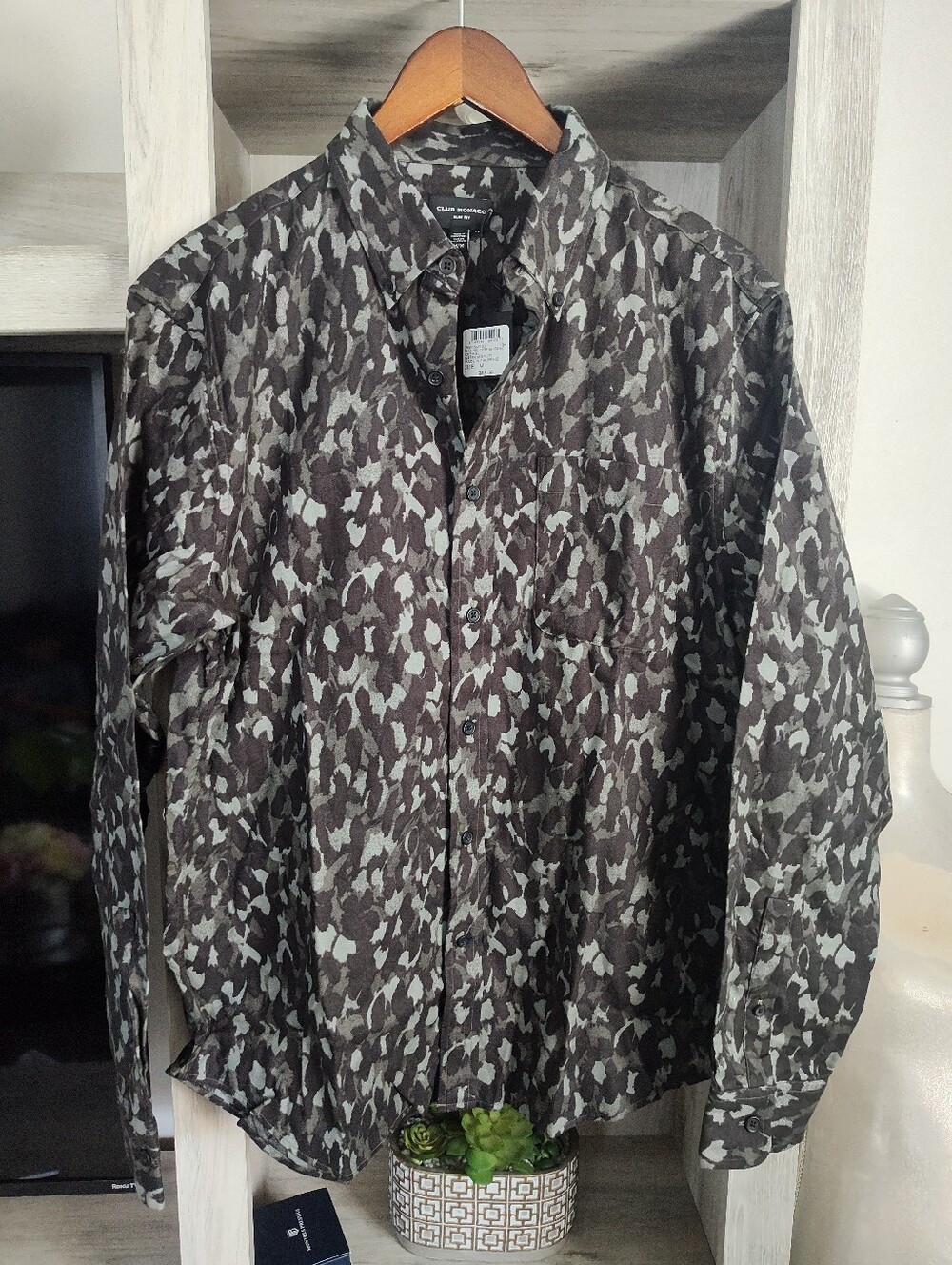 Club Monaco Men's Black and Gray Camouflage Shirt Jacket SZ M Slim Fit